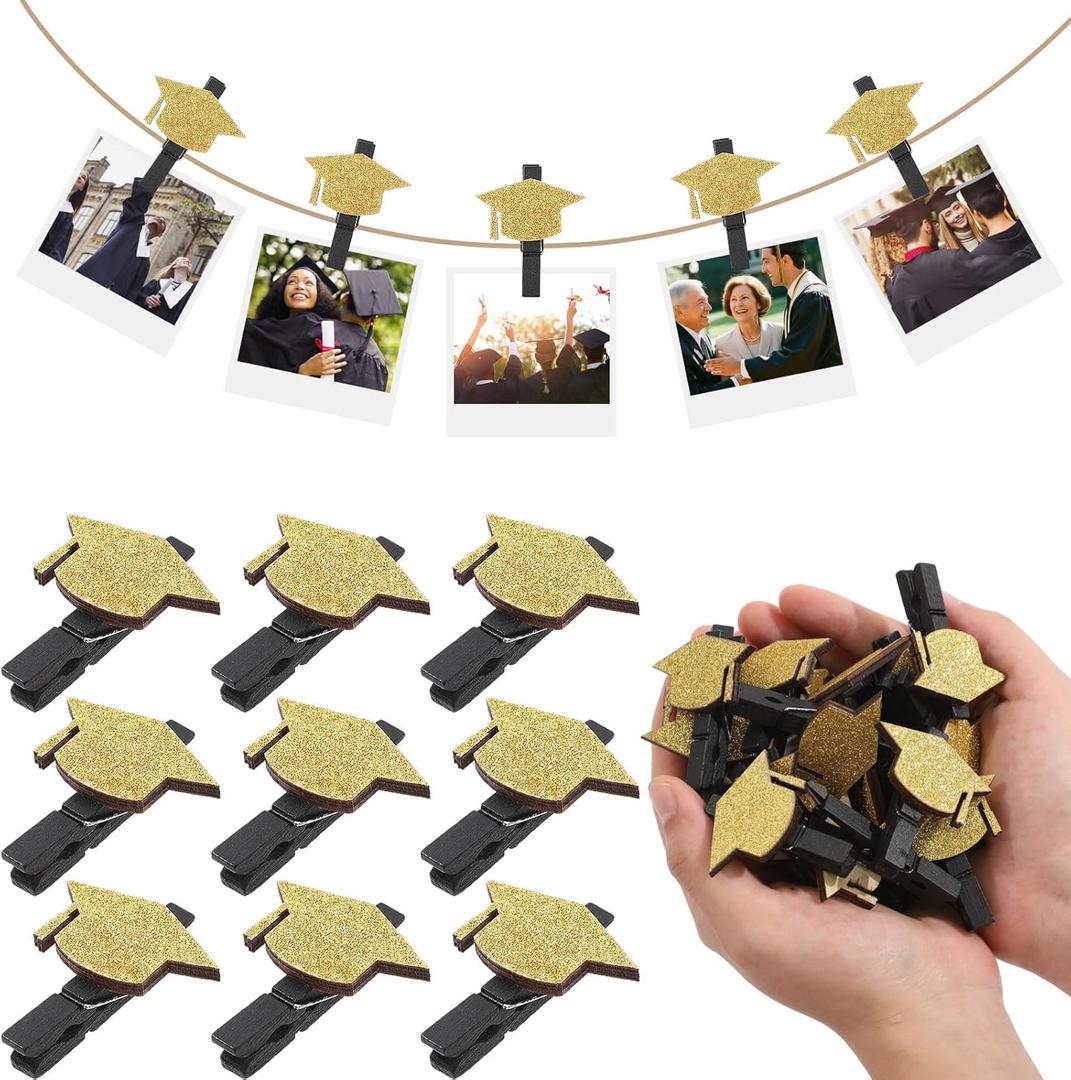 30 Pcs Graduation Cap Picture Display Graduation Hanging Photo Clips with String Class of 2026 Party Decoration Grad Cap Garland Black Gold Glitter Clip for Congrats Photo Booth Party Decor