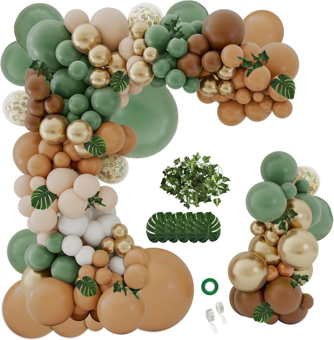 142PCS Sage Green Brown Balloon Garland Kit Jungle Safari Wild Woodland Balloon Arch Olive Green Gold Coffee Cocoa Balloons for Wedding Birthday Shower Party Decorations