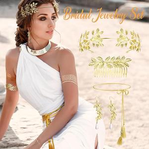 FINREZIO Greek Goddess Costume Accessories Jewelry Set For Women Leaf Arm Cuff Goddess Crown Headband Pearl Dangle Earring Hair Pin Belt Chain Adjustable ankle gold ribbon Bridal Wedding Halloween