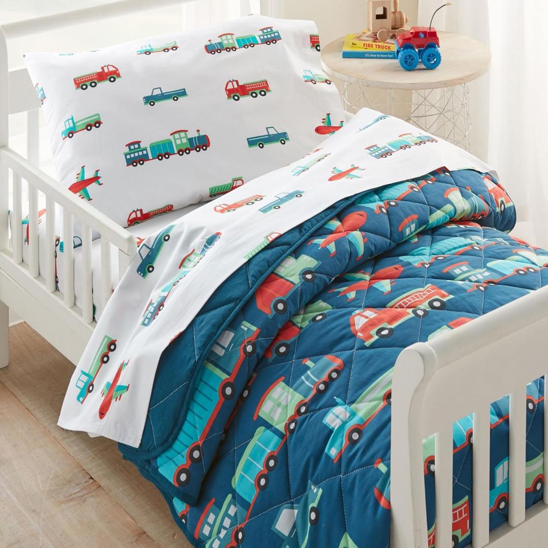 Wildkin 4-Piece Toddler Bed in a Bag  Cotton Comforter, Sheets & Pillowcase for Cozy Cuddles - Transportation