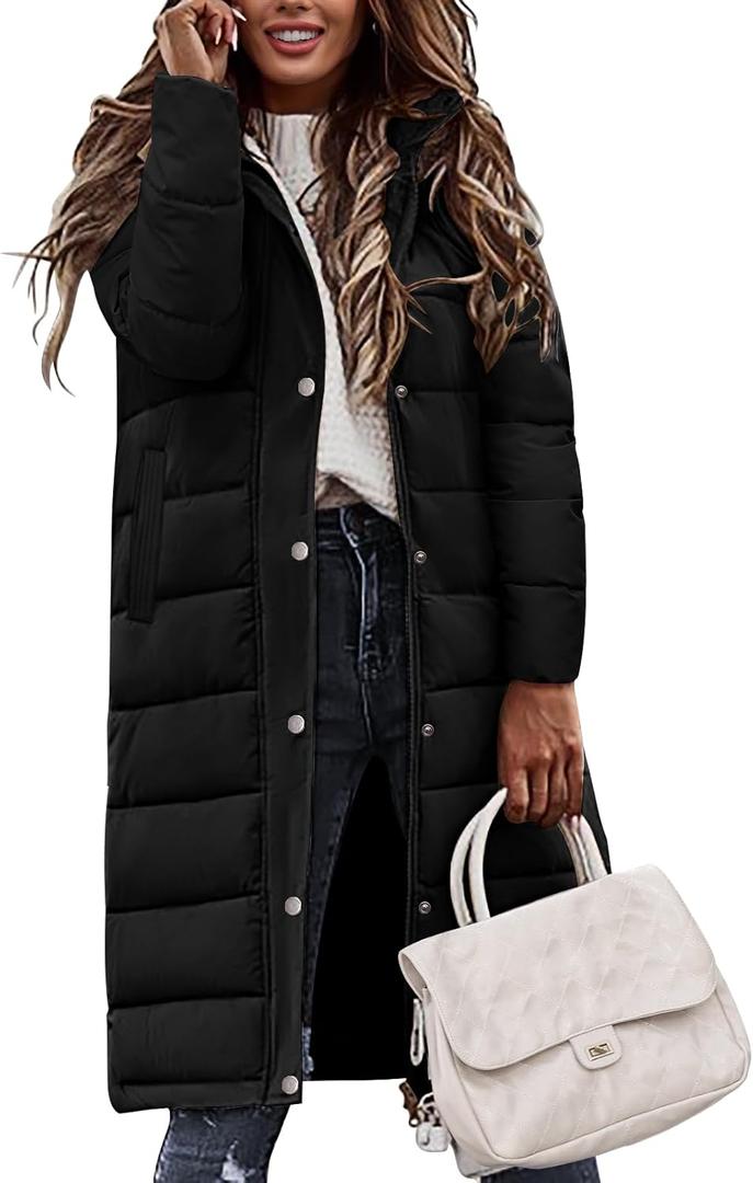 HEEKPEK Womens Winter Long Puffer Coats Thicken Warm Quilted Jacket Mid-Length with Side Zipper and Hood Parka Outerwear (Large, Black)
