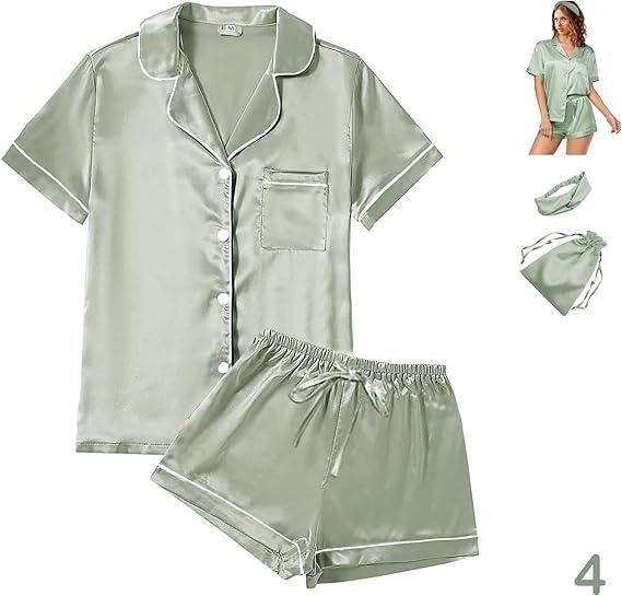 4Pcs Womens Satin Silky Pajama Sets Short Sleeve Shirt XS-4XL Floral Pajamas Set Soft PJ Loungewear Sleepwear, M
