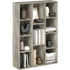 Furinno LUDER Book Shelf, 11-Cube Bookshelf, Reversible Bookcase, 9.4 x 29.1 x 41.7, Easy Assembly, for Living Room, Bedroom, Home Office, French Oak | Furinno, Luder, 11-Cube, Reversible, Open Shelf, Bookcase