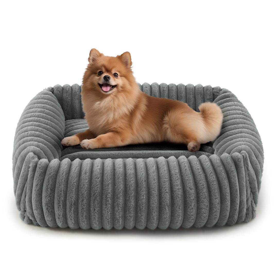 FURTIME Dog Bed for Small Medium Dog, Washable Orthopedic Pet Bed with Removable Cover, Rectangle Soft Calming Sleeping Puppy Bed Durable Pet Cuddler with Anti-Slip Bottom, Grey, M (25"x21"x7")