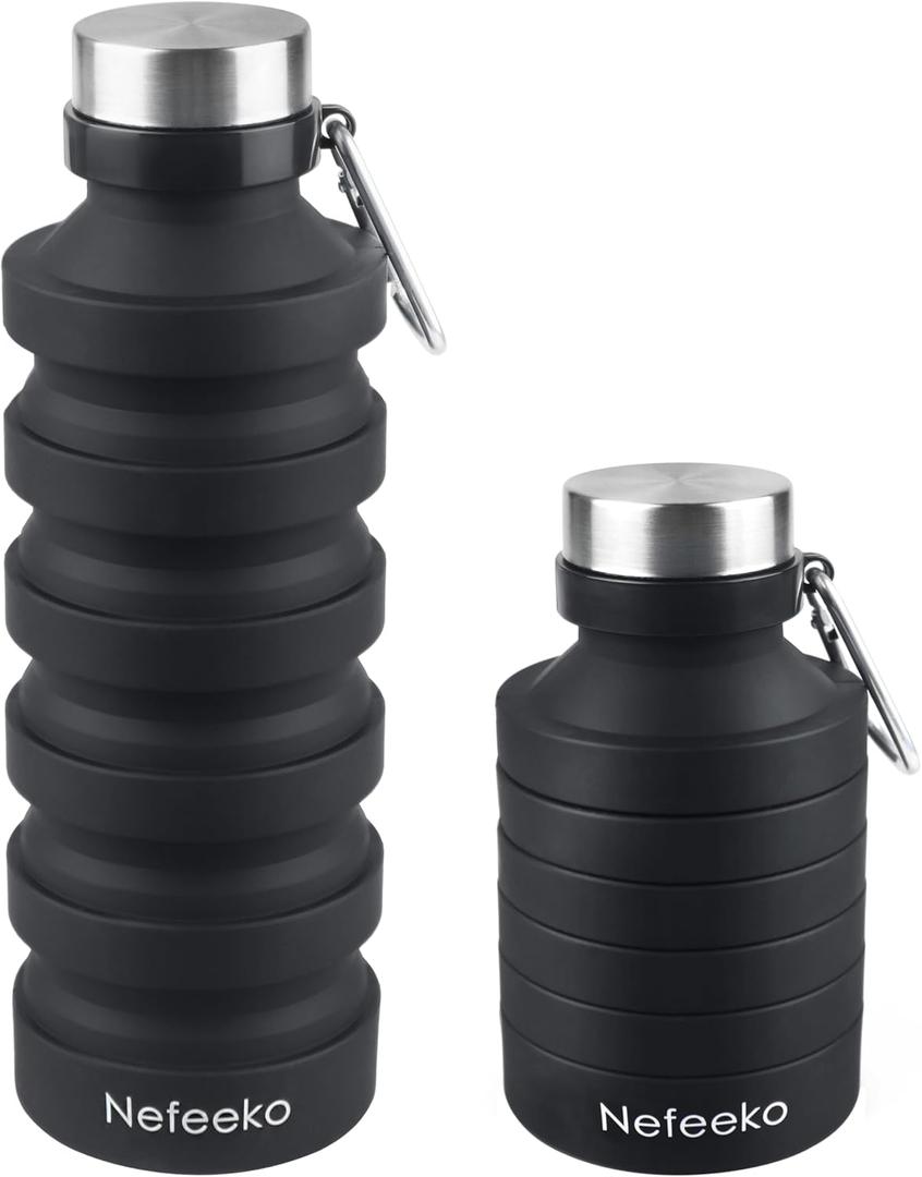 Nefeeko Collapsible Water Bottle, Reuseable BPA Free Silicone Foldable Water Bottles for Travel Gym Camping Hiking, Portable Leak Proof Sports Water Bottle with Carabiner (Black-27oz)