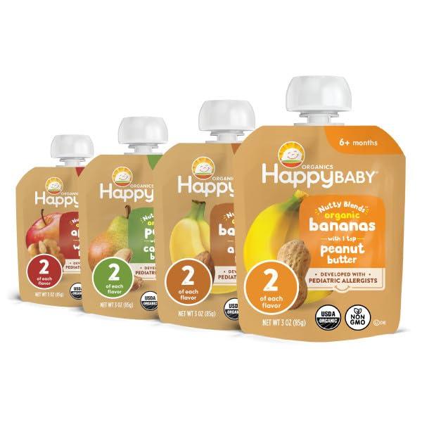 Happy Baby Organics Nutty Blends Stage 2, Fruit and Nut Butter, Allergen Introduction in Baby Appropriate Texture, for 6+ Months, 8 Variety Ct,BBD 09/21/2026
