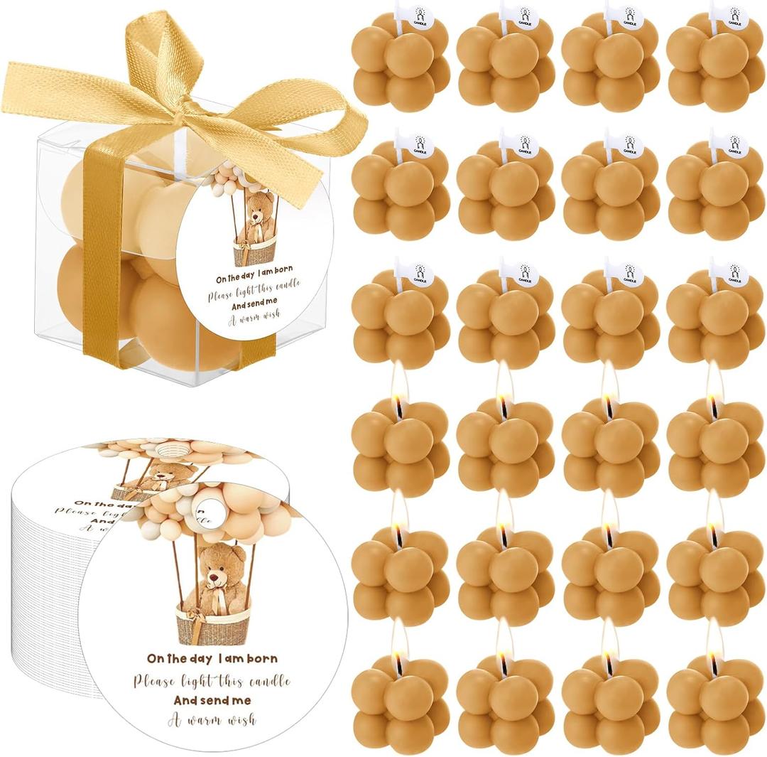 MTLEE 24 Sets Bear Baby Shower Bubble Candles Favors Small Baby Shower Favors for Guests Tea Candles Bulk with Stylish Ribbons Cards Gifts Party Decoration(Champagne, Bear)
