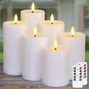 Outdoor 6pcs Flameless Waterproof Candles with Handy Remote Control, Cycle Timer Battery Operated Candle Grease Effect LED Flickering Pillar Plastic Long Lasting (White, 3" x4" 5" 5" 6" 6" 7")