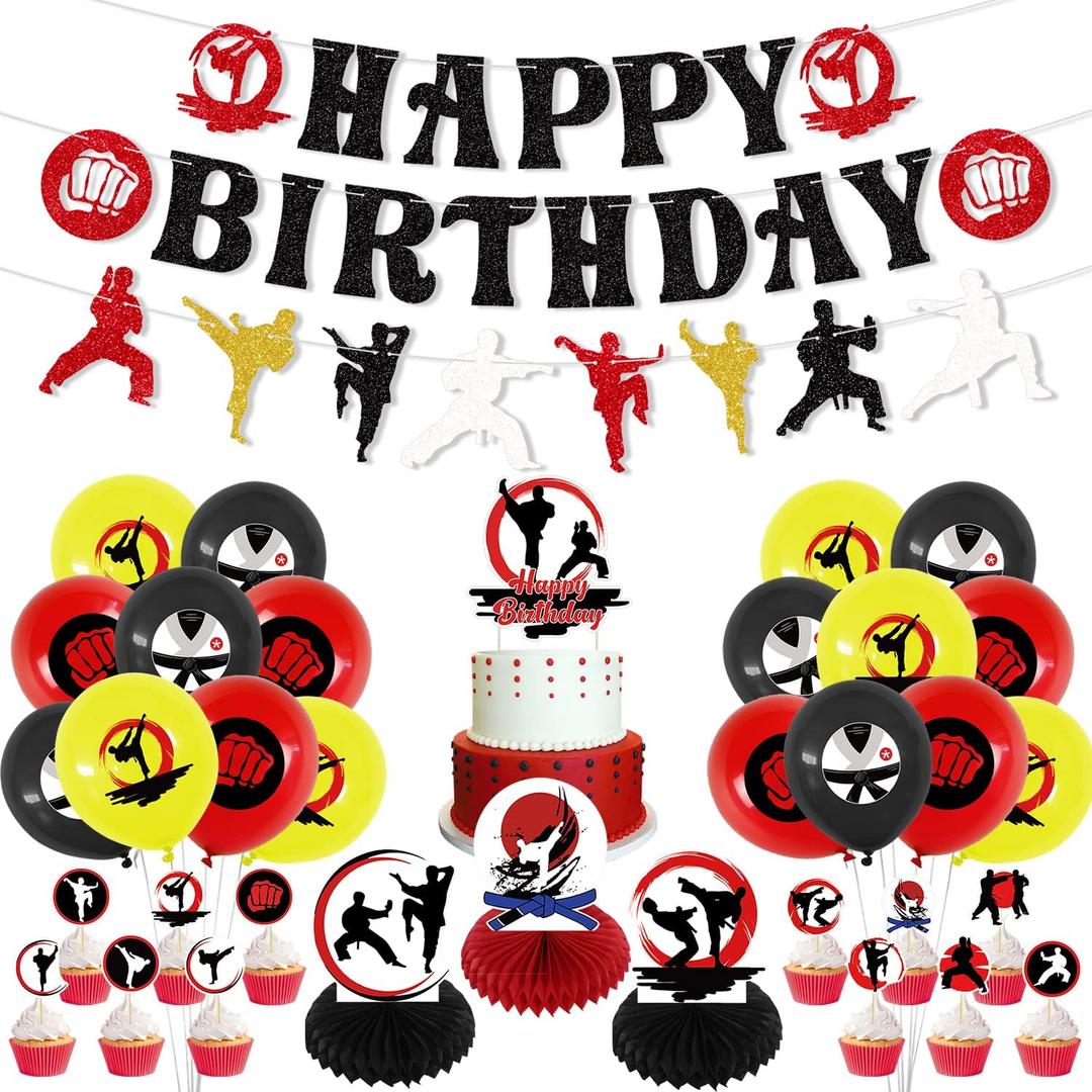 KEFAN Karate Sports Party Supplies - Taekwondo Birthday Banners, Cake Toppers, Table Centerpieces, Balloons for Boy Girl Party