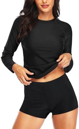 Daci Women Two Piece Rash Guard Long Sleeve Swimsuits UV UPF 50+ Swim Shirt Bathing Suit with Boyshort Bottom, Large