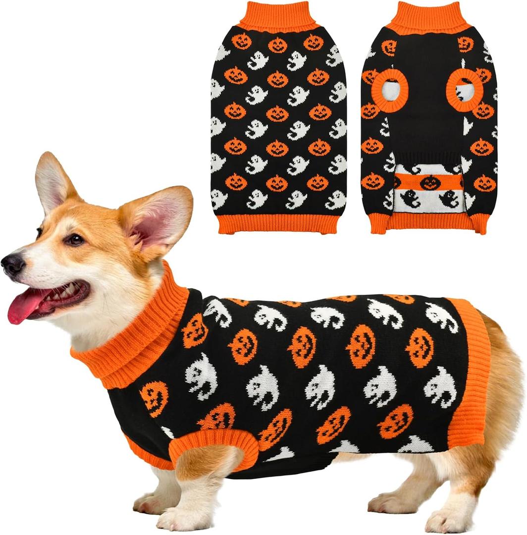 Vehomy Dog Halloween Sweater Pet Pumpkin Ghost Costume Cat Pumpkin Turtleneck Knitwear Shirt Pullover Dog Puppy Halloween Sweaters Clothes Outfits for Cats Small Medium Large Dogs XL