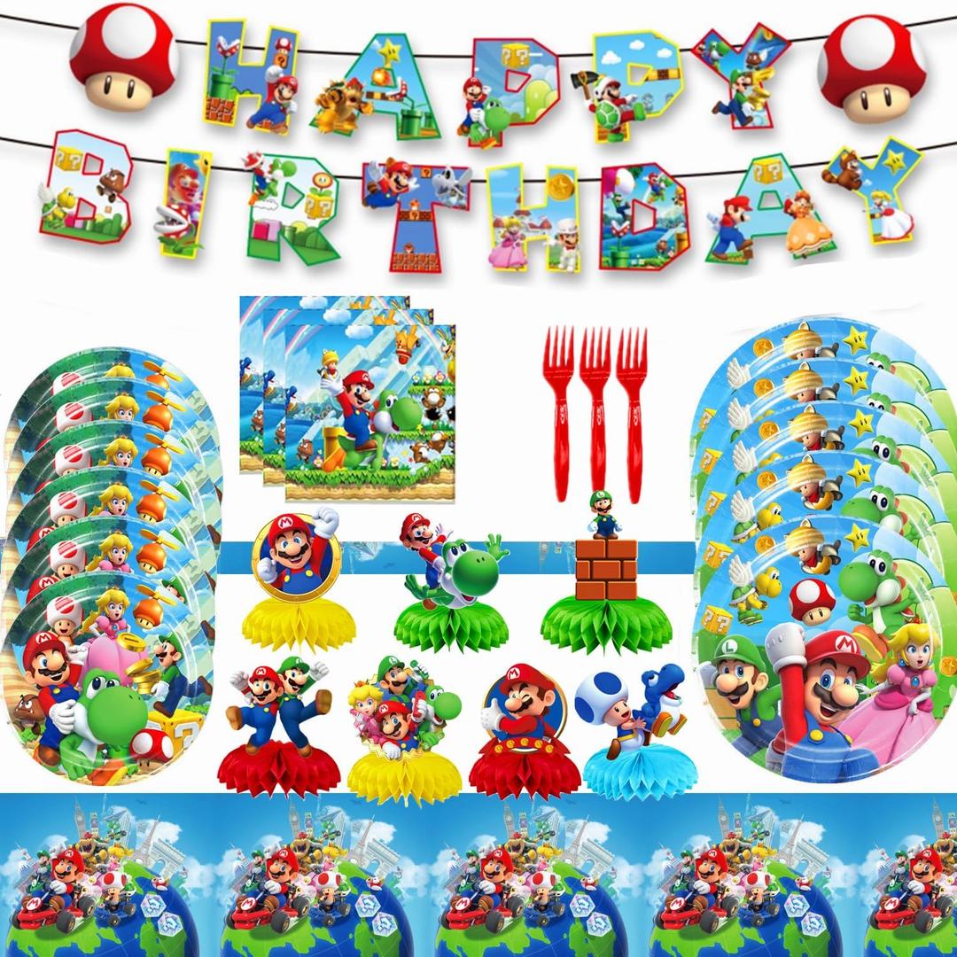 Super Bros Themed Party Decorations, Birthday Party Supplies Decorations Set-Plates Napkins Tablecloth Banners Fork etc for 20 Guests Kids Birthday (Set B)