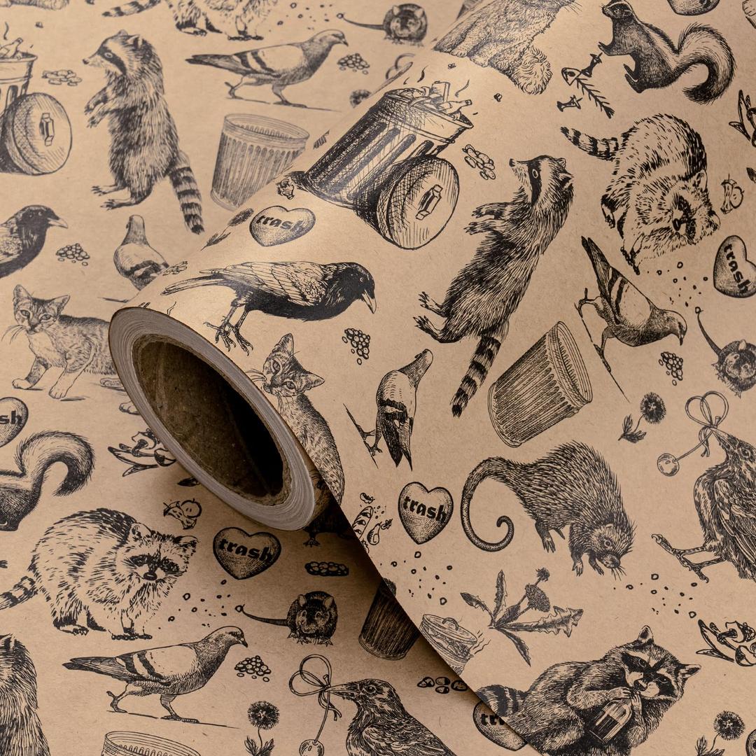 WRAPAHOLIC 30 Inch Kraft Animal Wrapping Paper Roll - 30 Inch x 33 Feet - Vintage Funny Trash Friends Opossum Rat Crow Cat Skunk Mouse Design Perfect for Birthday, Party, Holiday