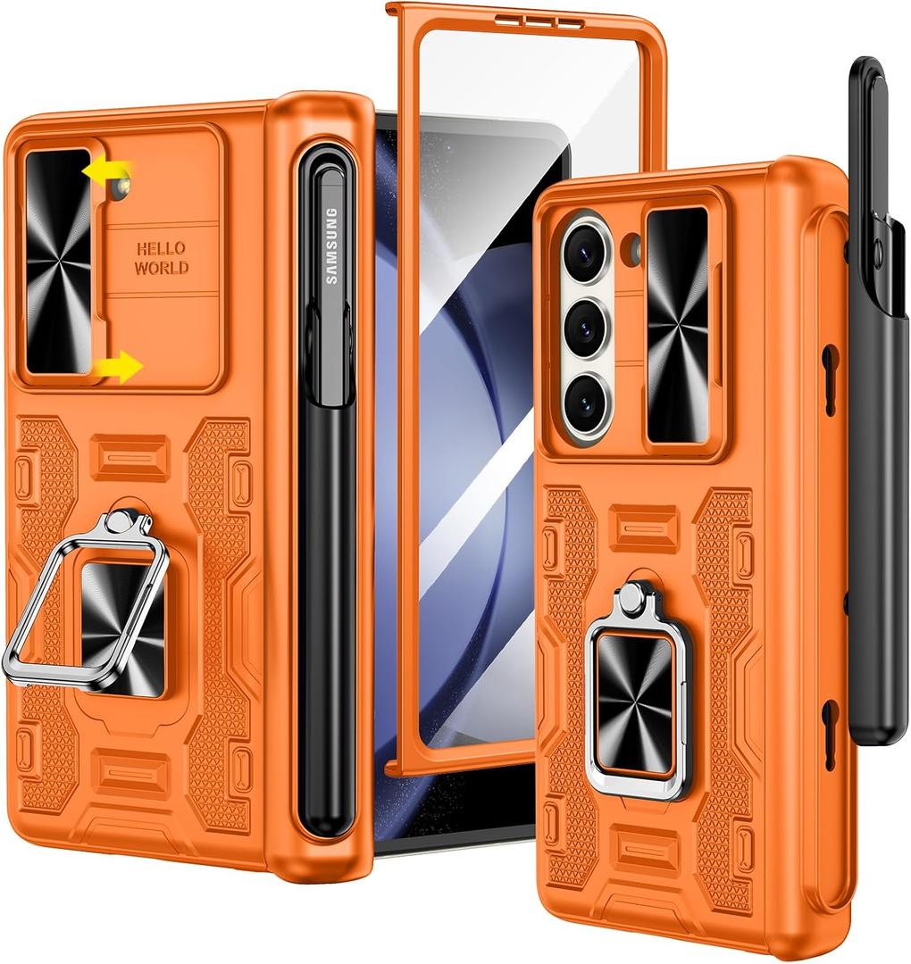 VEGO for Galaxy Z Fold 5 Case with S Pen Holder, [Hinge Protection][360Ring Magnetic Kickstand][Slide Camera Cover][Front Screen Protector] Protective Case for Samsung Galaxy Z Fold 5 - Orange