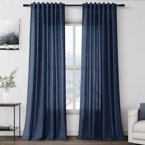 Nanspring Denim Blue Linen Curtains 96 Inches Long 2 Panels Set for Living Room Rod Pocket Back Tab Semi Sheer Light Filtering Protect Privacy Denim Blue Curtain for Bedroom Floor Length 52x96