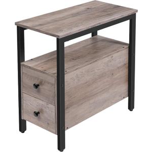 HOOBRO End Table, Narrow Chairside Table with Drawer and Open Storage Shelf, Nightstand for Small Spaces, Stable and Sturdy Construction, Wooden Look Accent Furniture, Greige and Black BG548BZ01G3, 18.9"D x 11.8"W x 24"H