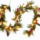 Christmas Garland 6FT 20 LED Bulbs Cypress Pine Garland with Lights Battery Operated with Timer Bells Red Berries Pinecones Green Garlands Decoration for Xmas Holiday Thanksgiving New Year Home Decor