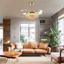 Modern Crystal Ceiling Fans with Lights and Remote Retractable Invisible Blades LED Dimmable Fandelier Gold Chandelier Ceiling Fan for Dining Room, Living Room, Bedroom 42 Inches
