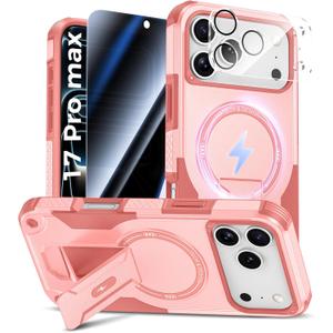 Goton for iPhone 17 Pro Max Case with Privacy Tempered Glass Screen Protector & Camera Lens Protector, Compatible with MagSafe, Invisible Kickstand, Shockproof Phone Cover, Pink