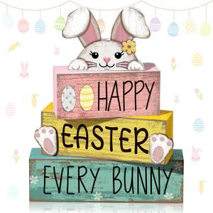 Moucuny 4 Pcs Easter Table Decorations Bunny Tiered Tray Decor Wooden Bunny Block Signs for Family Gatherings, Reusable Happy Easter Centerpiece for Kitchen, Home Shelf, Office & Spring Party Tables