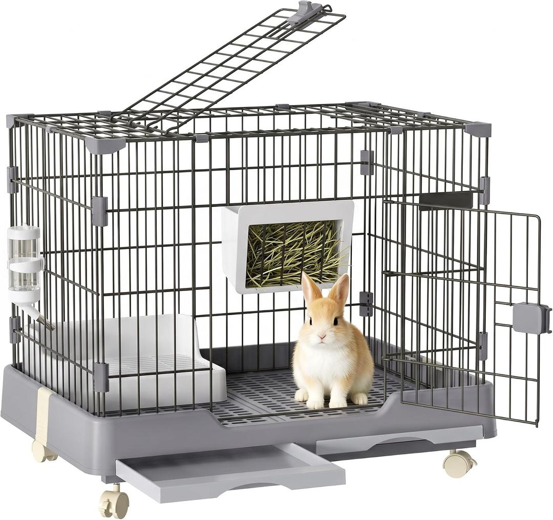 Deluxe Rabbit Cage with Trays & Wheels Large Space Bunny Cage Indoor Gray (34.64"L x 22.44"W x 25.6"H)