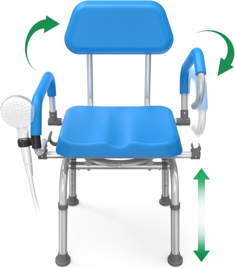 FSA/HSA Eligible Swivel Shower Chair with Arms and Back, Padded Shower Bench with Pivoting Arms, Height Adjustable Shower Chair for Elderly and Disabled, 400 lbs