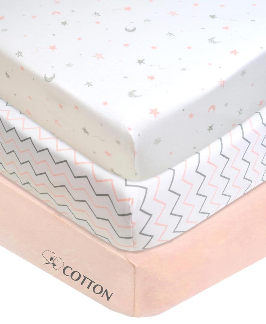 American Baby Company 3 Pack 100% Natural Cotton Fitted Mini Crib Sheets 38" x 24" - Soft & Breathable Small Nesting Portable Sheets, Fits Pack N Play Mattresses, Pink Star/Zigzag, for Boys & Girls