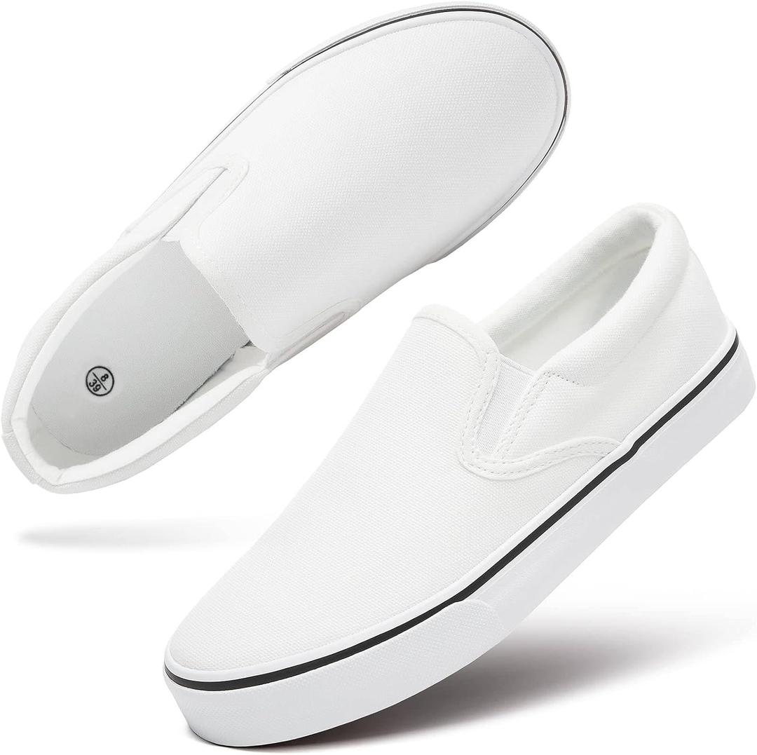 Women's Slip on Shoes Canvas Sneakers Loafers Non Slip Shoes Low Top Casual Shoes (8.5, White)