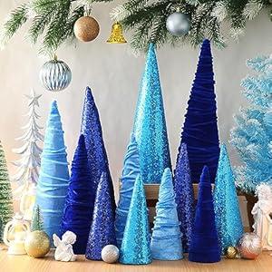 12 Pcs Velvet Christmas Trees Set 3 Sizes Sequin Christmas Tree Decor Modern Winter Tree Decorations Handmade Winter Table Top Tree Centerpiece Holiday Entryway Farmhouse Home Decor (Blue Series)