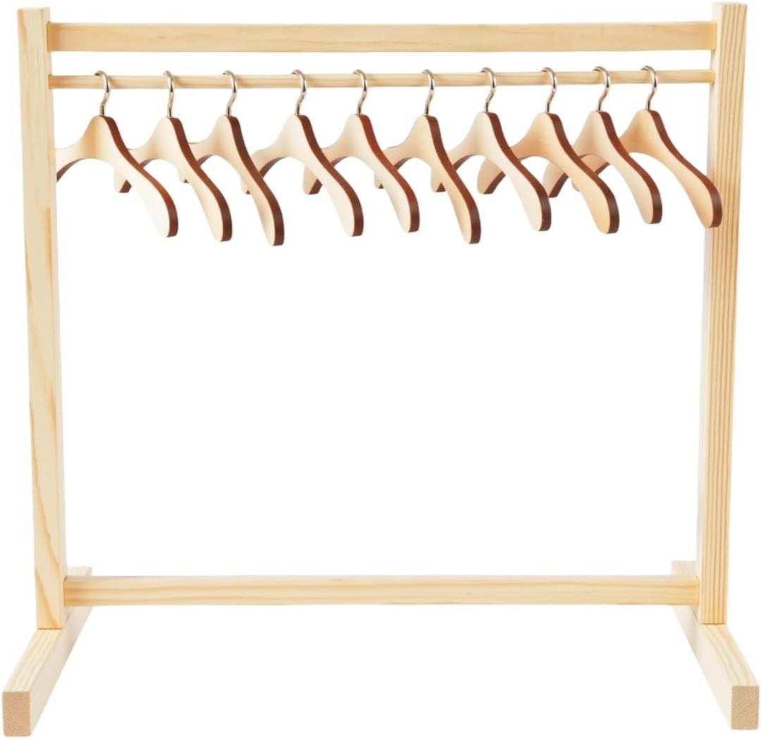 Doll Clothes Hanger Dolls Garment Rack with 10 Pcs Wooden Clothes Hanger Small Wooden Clothing Rack for Dollhouse