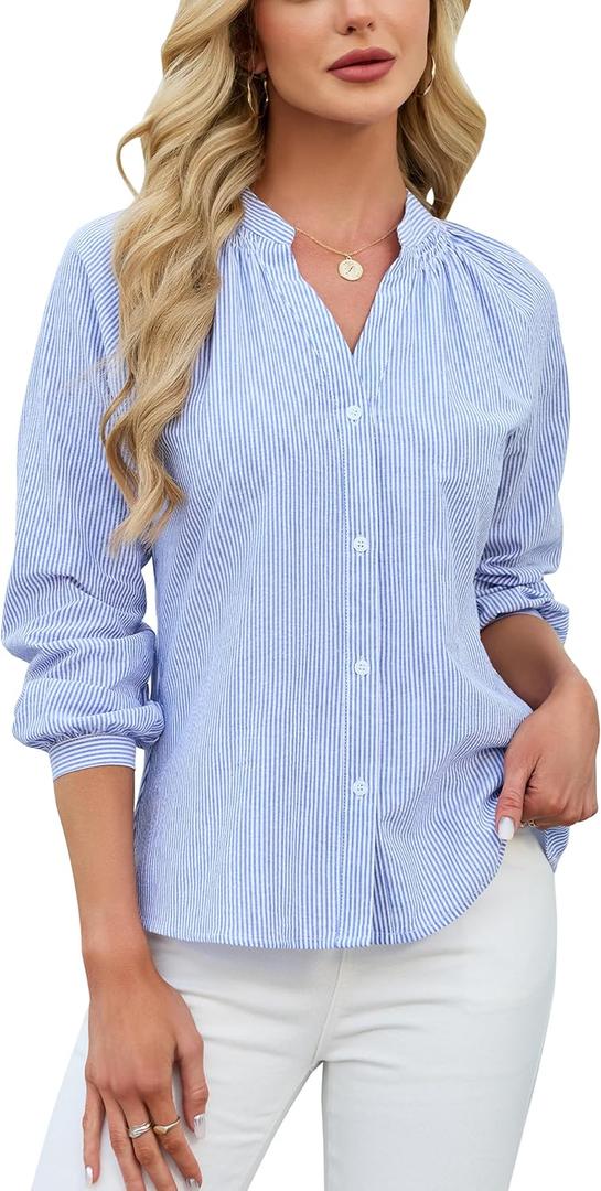Blooming Jelly Womens Striped Button Down Shirt V Neck Long Sleeve Cotton Blouse Business Casual Trendy Fashion Work Tops (X-Large, Cadet Blue)