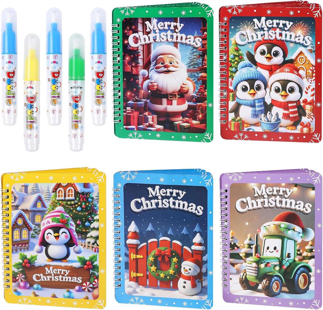 FINGOOO Xmas Water Coloring Books, 5 Pack Watercolor Painting Craft Kits for Kids Drawing Activities Toys Gifts Christmas Stocking Stuffers