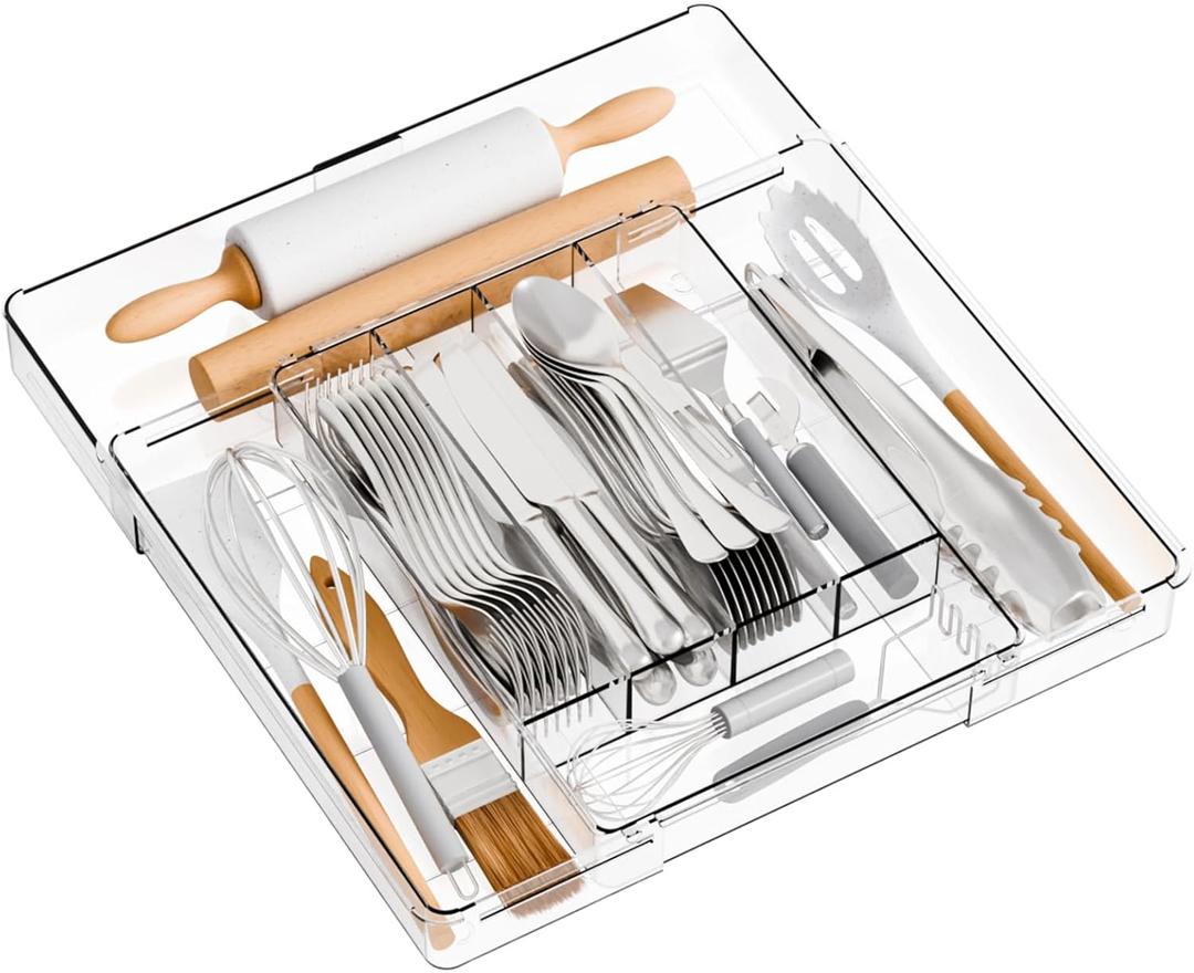 Yieach Acrylic Clear Expandable Kitchen Utensil Drawer Organizer and Silverware Organizer,BPA FREE Adjustable Silverware Tray for Drawer Cutlery,Spatula,Tools,Flatware Organizers,Fork and Spoon Holder (9.4Wx12.6Lx2H Inch)