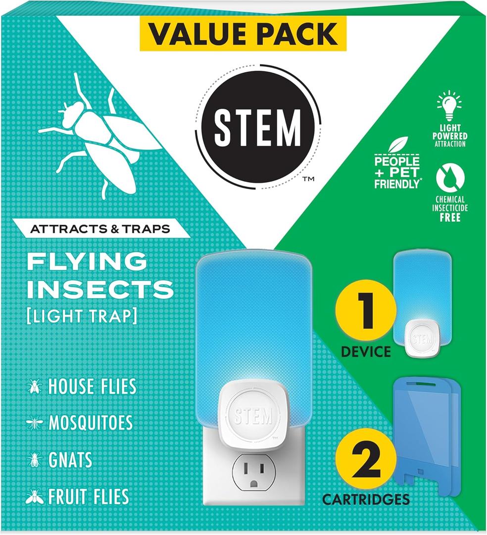 STEM Light Trap: Indoor Fruit Fly Trap, Effective Insect Control for Home, Attracts and Traps Flying Insects, Emits Soft Blue Light, Starter Kit with 1 Plug-In Device and 2 Cartridges