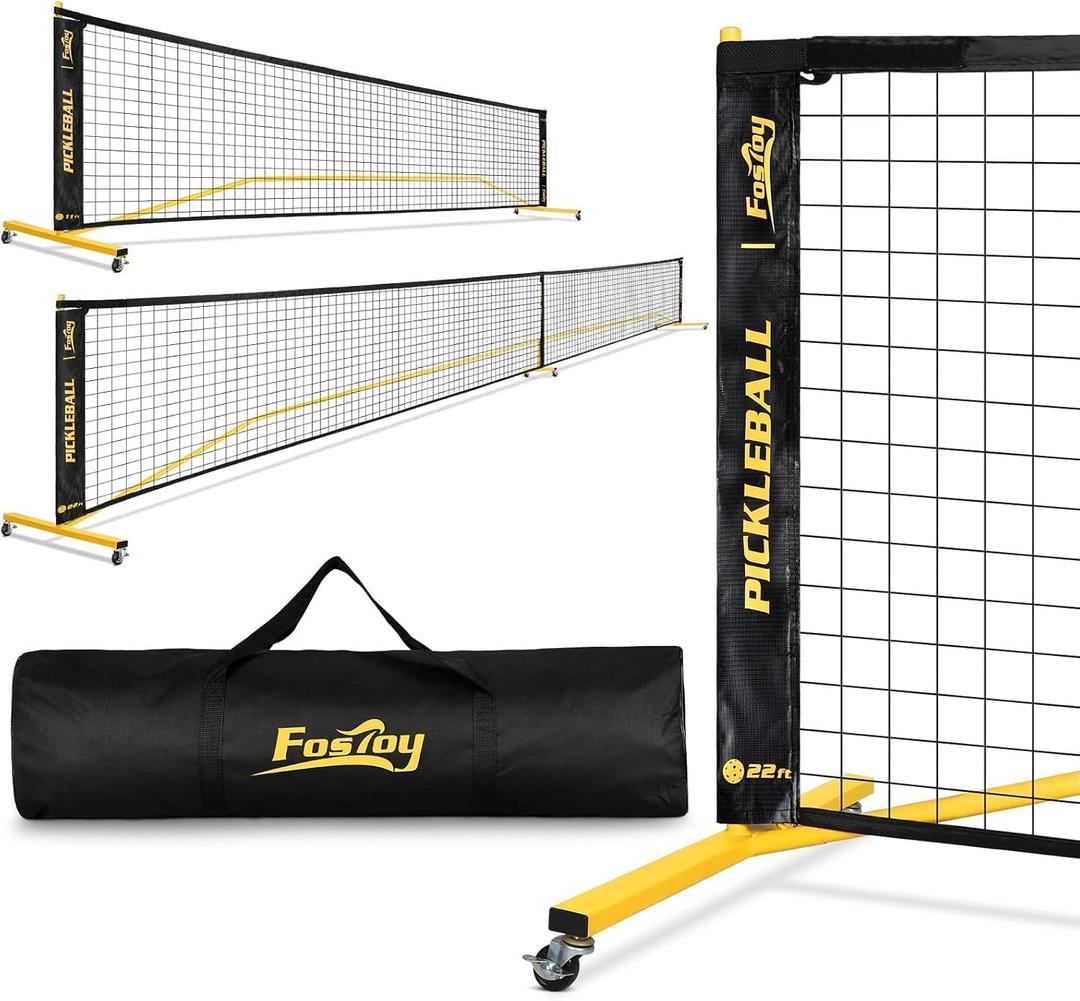 Portable Pickleball Net Set with Wheels, Regulation Size 22 FT & Half Court 11 FT, Steady Metal Frame Pickle Ball Net Set System with Carry Bag for Backyards, Driveways, and Garages (Black&Yellow)