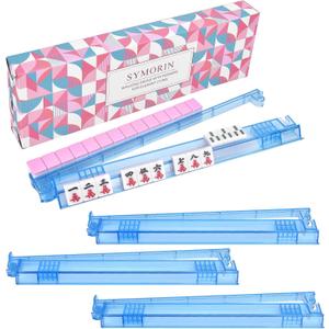 Non-Slip Mahjong Racks with Pushers, 4-Pack Clear Acrylic Racks, American Mahjong Accessories, Gift-Ready Mahjong Gifts (Blue)