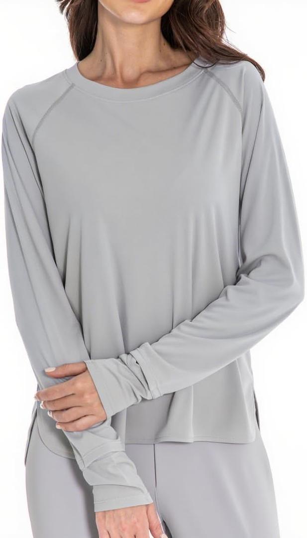 Womens Long Sleeve Shirts Workout Gym Top Activewear Running Hiking Athletic Exercise Shirt Rash Guard (Gray, L)