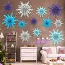 12 Pcs Snowflakes Hanging Decorations Blue Purple White Paper Fans Hollow Snowflakes Ceiling Hangings Decor Ice Birthday Fans Decor for Wedding Birthday Holiday Party Decoration(Purple)