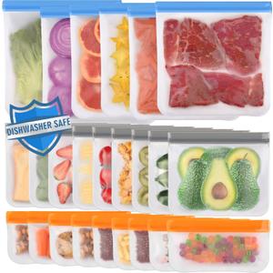 Lerine 24 Pack Dishwasher Safe Reusable Bags Silicone, Extra Thick Leakproof Reusable Freezer Bags, BPA Free Food Storage Bags for Lunch Meat Veggies (6 Gallon 9 Snack 9 Sandwich Bags) (Multicolor)