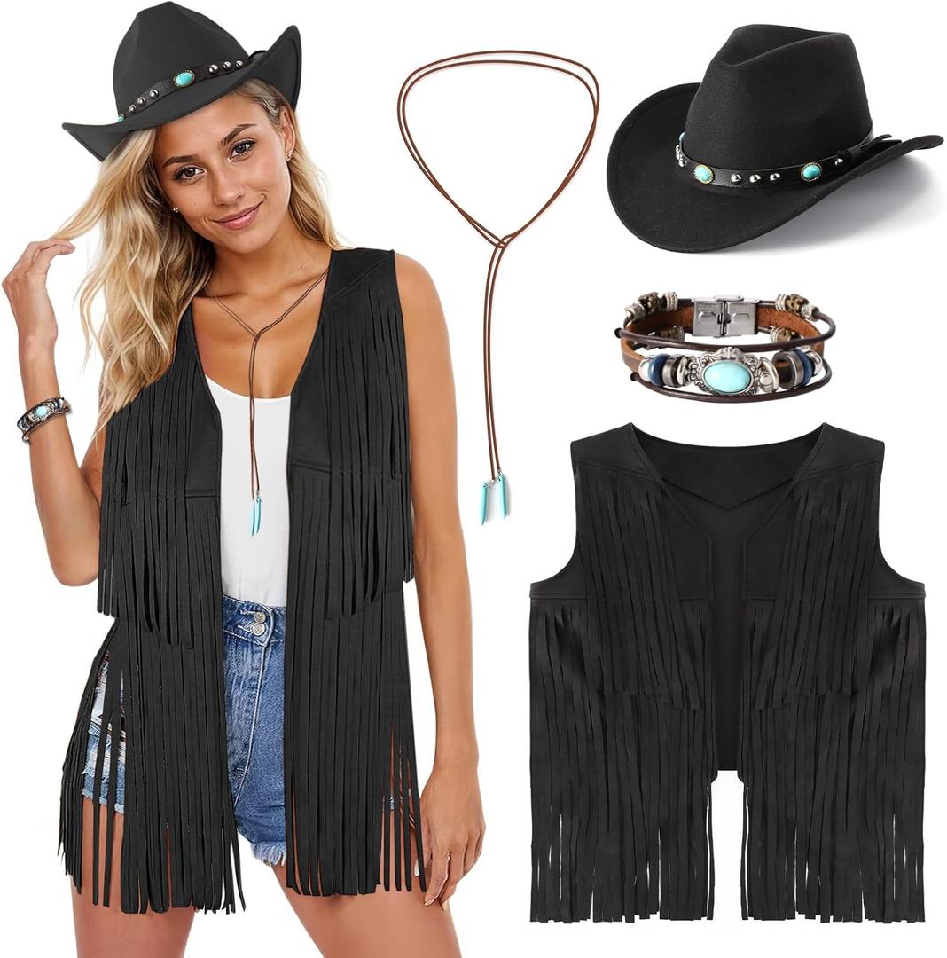 Western Outfits for Women Cowgirl Outfits Cowgirl Vest Boho Cowboy Hat Fringe Vest for Halloween Cosplay (Large, Black)