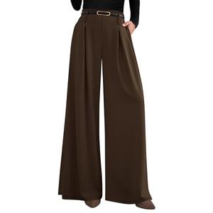 PRETTYGARDEN Womens Spring Trendy Wide Leg Trousers 2026 High Elastic Waisted Extra Long Flowy Loose Pleated Palazzo Work Pants (Brown,X-Large-Long)