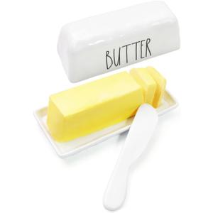 TP Butter Dish with Lid, Melamine Butter Holder for Countertop with Knife, Butter Keeper Container with Cover, Unbreakable Durable Dishwasher Safe, White