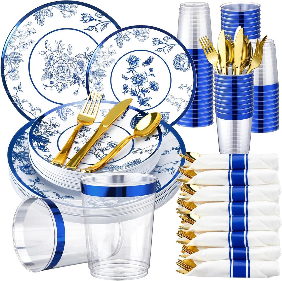 350 Pcs Plastic Dinnerware Set for 50 Guests Include 50 Dinner Plates, 50 Dessert Plates, 50 Pre Rolled Napkins with Gold Silverware, 50 Cups for Party(Blue and White Porcelain)