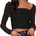 Aisbei Women's Sexy Square Neck Mesh Tops Ruched Long Sleeve Shirts Sheer See Through Going Out Top Blouse