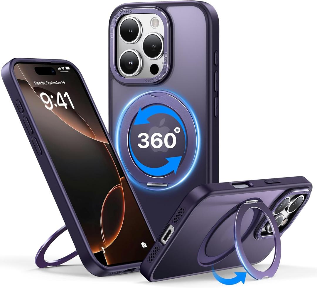 QTlier case for iPhone 16pro, 360 Rotatable Ring Stand, Raised Camera Frame, Shockproof Purple