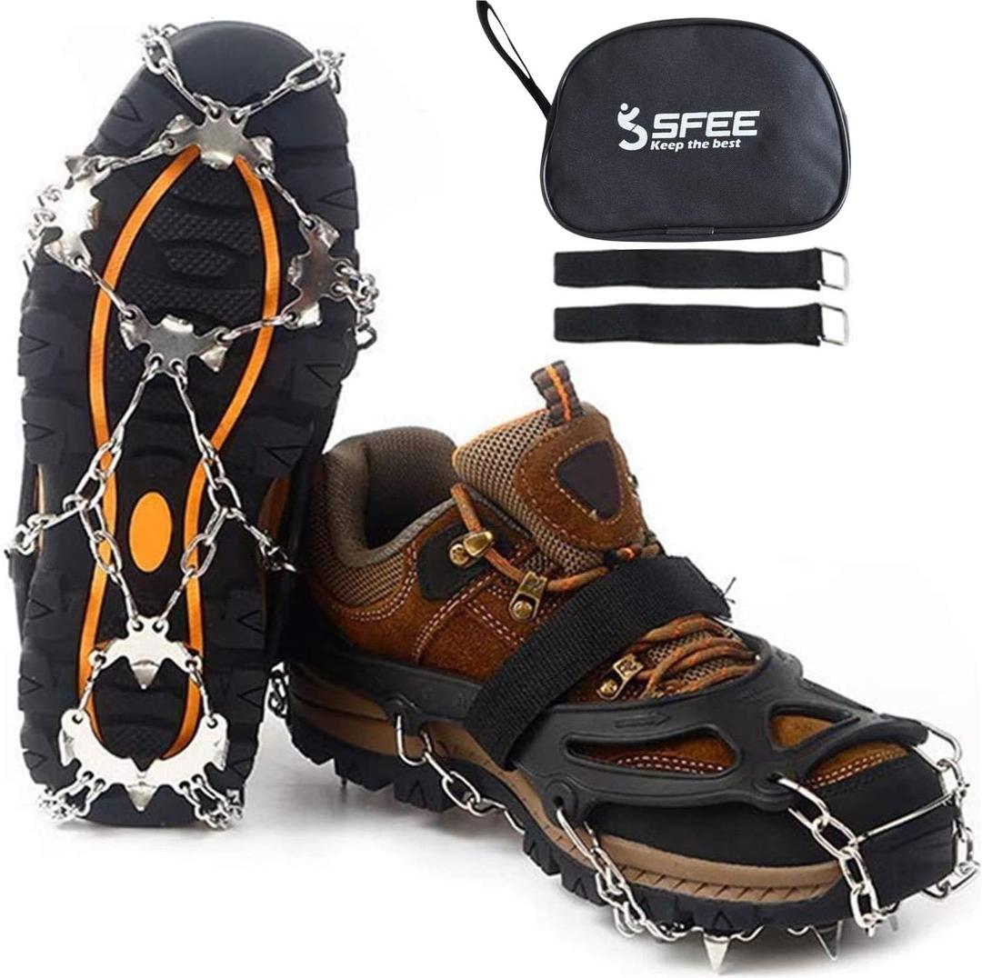 Sfee Ice Snow Grips Crampons Traction Cleats,19 Stainless Steel Spikes for Women Men Kids, Anti Slip Flexible Shoe/Boot Footwear for Walking Climbing Hiking Fishing Outdoor (Black, L(US:8-11))