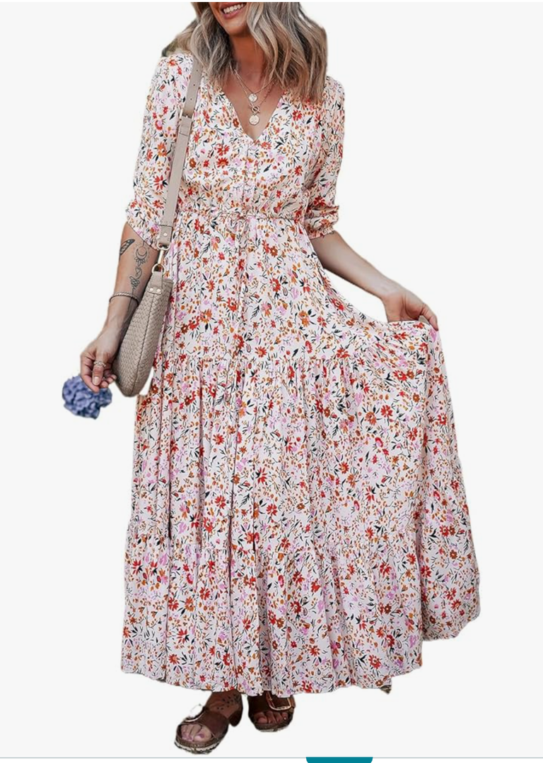 Women's Red Boho Floral V Neck Maxi Dress with Half Sleeves, Size M Women's Red Boho Floral V Neck Maxi Dress with Half Sleeves, Size M