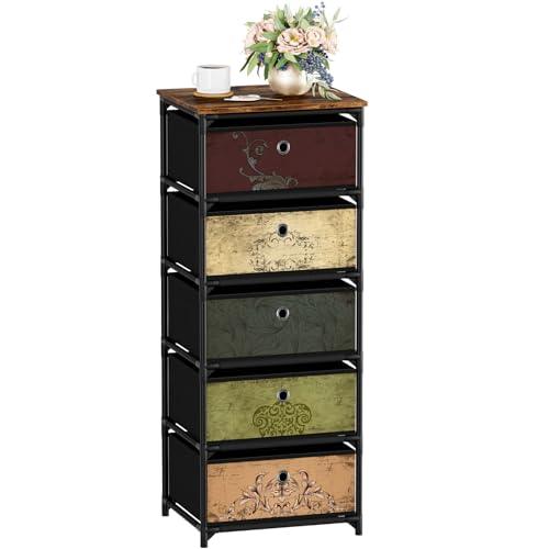 VASICAR Storage Unit with 5 Drawers, Fabric Nightstand, Clothes Organizer, Craft Storage Chest, Small Pattern Dresser for Bedroom, Living Room, Closet, Entryway, Hallway, Nursery, Dorm-Wood Top