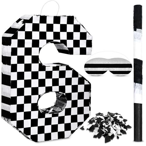 Lewtemi Race Car Number 6 Piñata Small Checkered Race Car Birthday Party Decoration Black and White Racing Piñata with Stick Confetti Eye Mask for Celebration 15.3 x 10.6 x 2.8 Inch