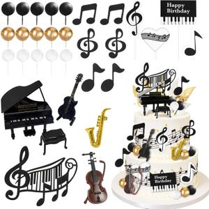 31Pcs Music Cake Toppers Music Notes Cake Decorations with Piano Guitar Violin Cake Toppers for Musician Theme Birthday Party Supplies